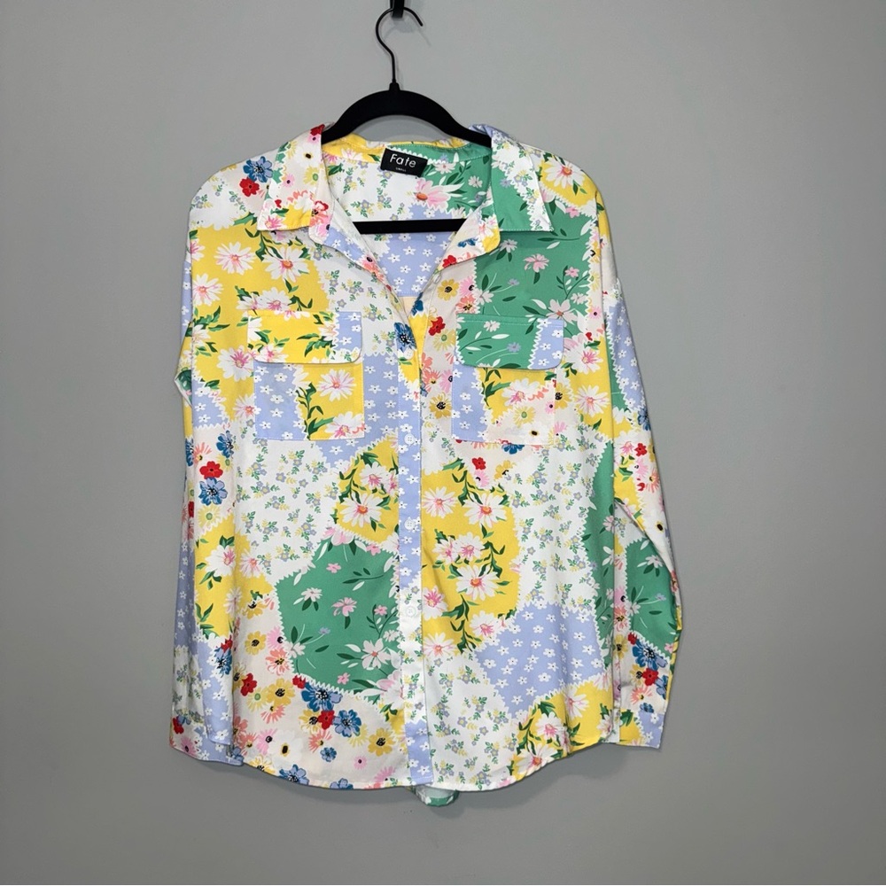 Fate Womens Floral Patchwork Button Down Shirt Long Sleeve Multicolor Small